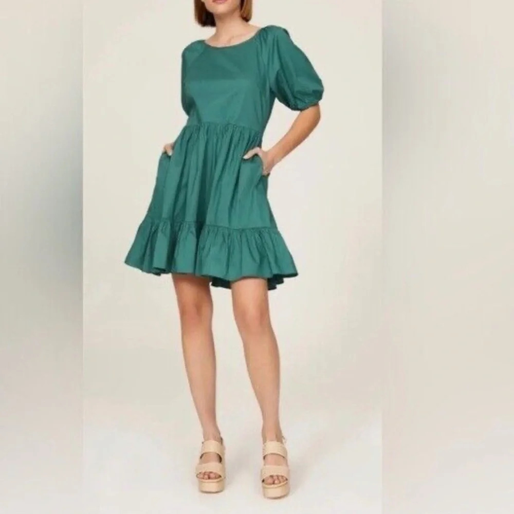 Peter Som Puff Sleeve Dress MIDI 6 Teal Green
